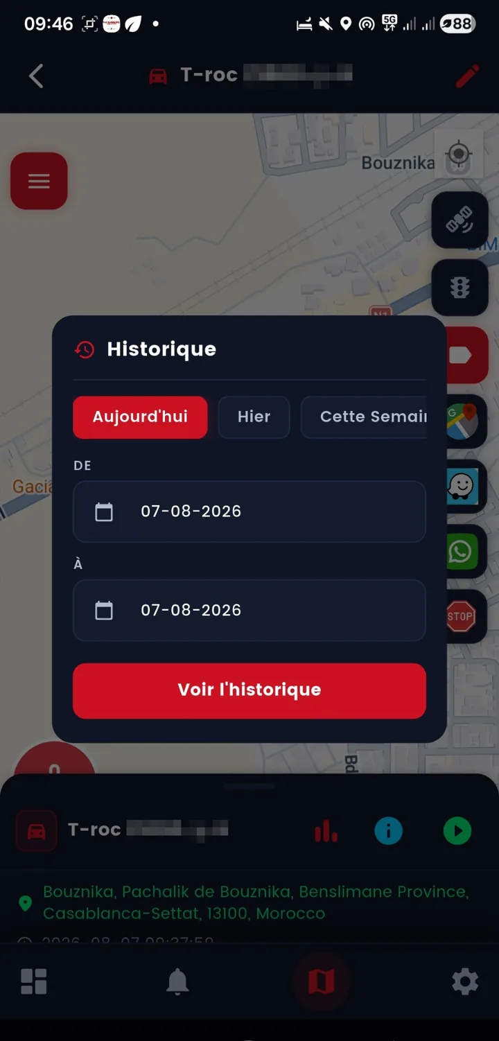 Choix de la période d’historique dans l’application : aujourd’hui, hier, cette semaine, ou deux dates au choix.